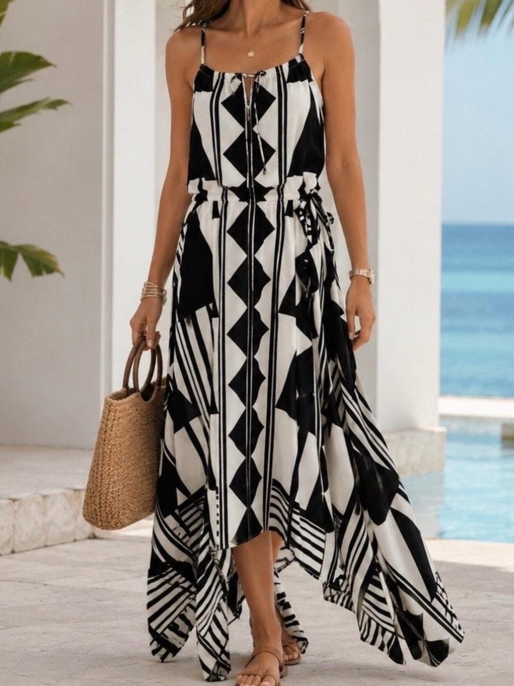 Express Black & White Geometric High-Low Maxi Dress